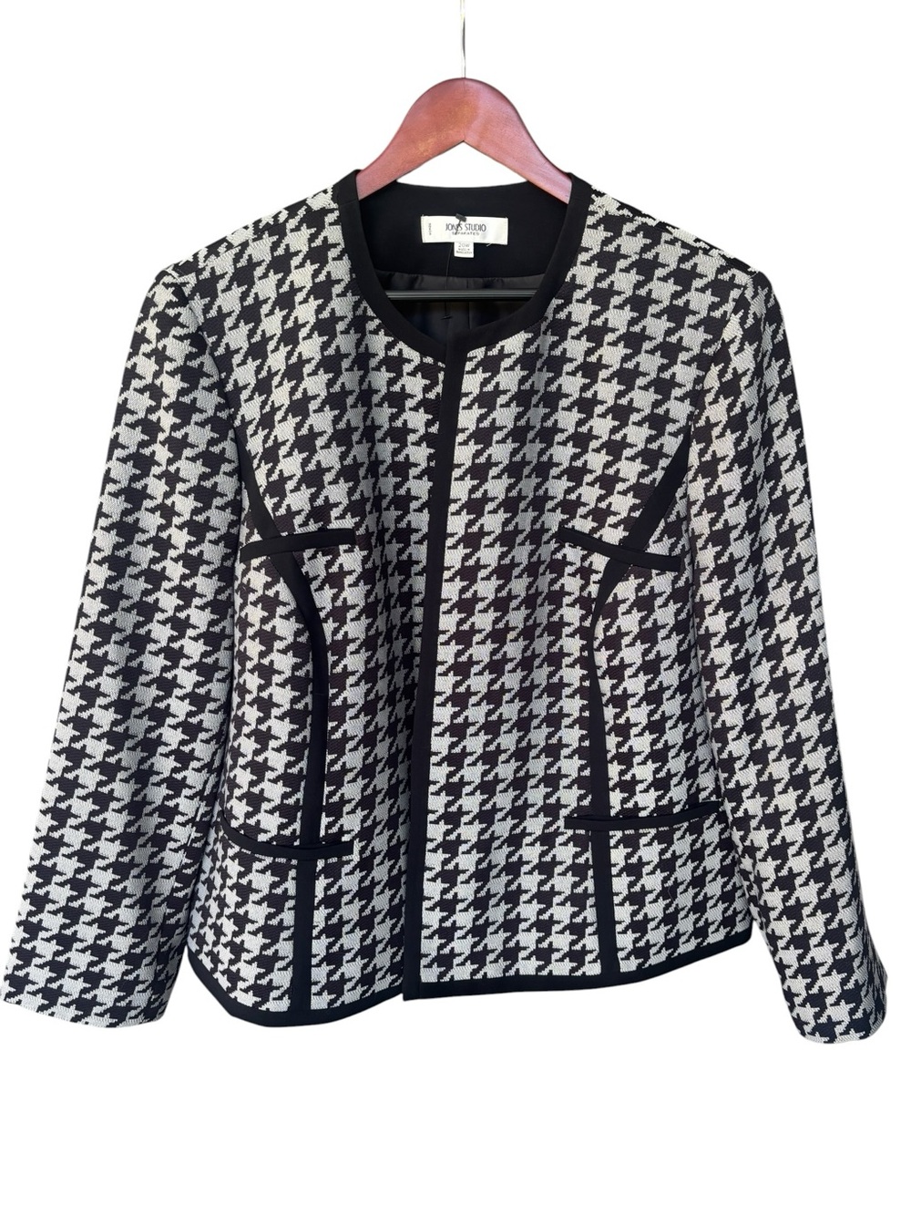 Jones Studio Black & Grey Houndstooth Collarless Blazer